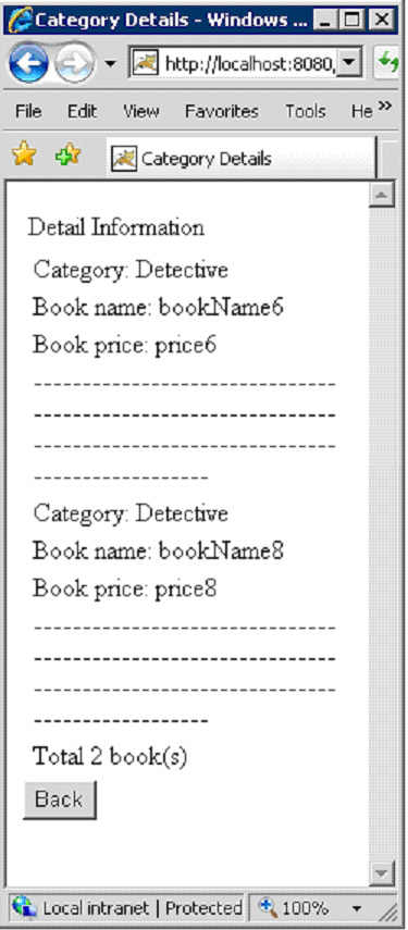 显示属于侦探类的书籍的详细信息。其中包含书名以及书的价钱。
