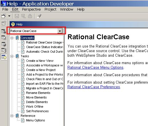 从 Application Developer 的 Help 透视图的下拉菜单中选择 Rational ClearCase