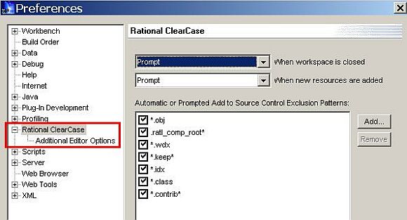 向 Rational ClearCase 配置选项提供的 Application Developer 的 Preferences 窗口的抓屏