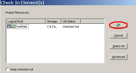 Check In Element(s) 窗格的抓屏
