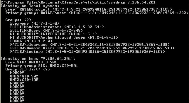 Fig5.3 用credmap命令在Windows VOB服务器端查看用户和组的信息