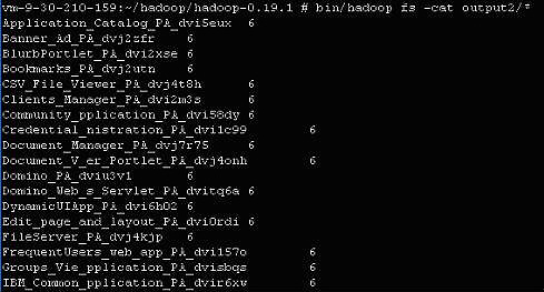 $ bin/hadoop fs Ccat output2/*